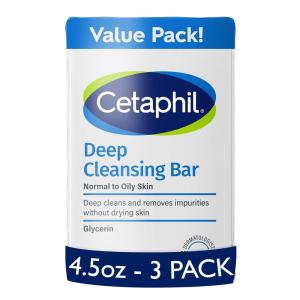 imageCetaphil Bar Soap Deep Cleansing Face and Body Bar Pack of 3 For Dry to Normal Sensitive Skin Soap Free Hypoallergenic Paraben Free Fragrance Free Removes Makeup Dirt and OilDeep Cleansing Pack of 3