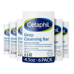 imageCetaphil Bar Soap Deep Cleansing Face and Body Bar Pack of 6 For Dry to Normal Sensitive Skin Soap Free Hypoallergenic Paraben Free Fragrance Free Removes Makeup Dirt and Oil