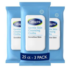imageCetaphil Face and Body Wipes Gentle Skin Cleansing Cloths 25 Count Pack of 3 for Dry Sensitive Skin Flip Top Closure Great for the Gym Travel in the Car Hypoallergenic Fragrance Free